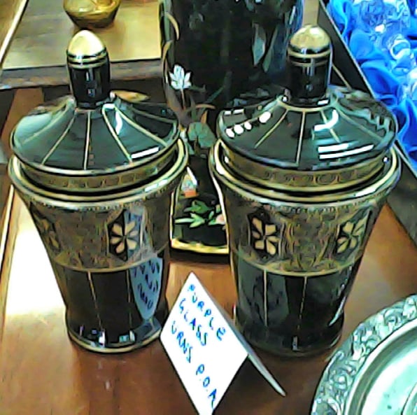 A pair of mid 20th century purple glass candy jars / urns. No chips or cracks.